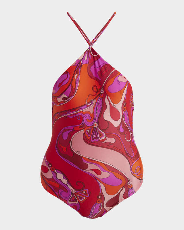 Orchidee-Print Backless Halter One-Piece Swimsuit